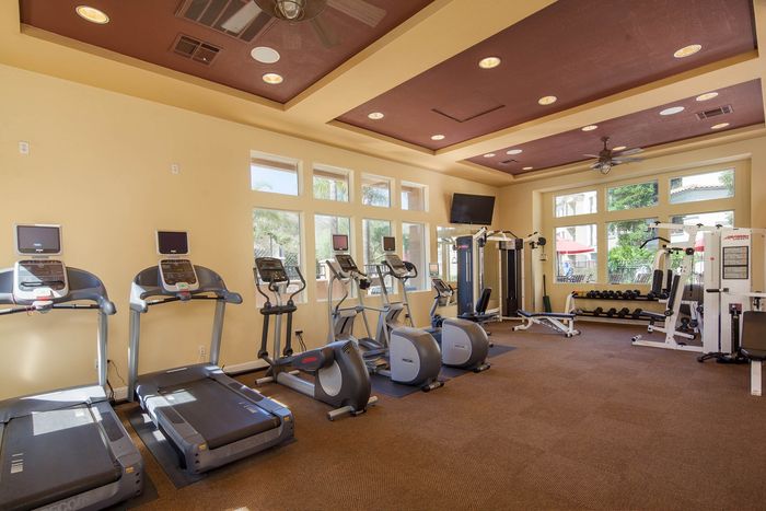 Fully equipped on-site fitness center with treadmills, ellipticals, and weight-lifting equipment.