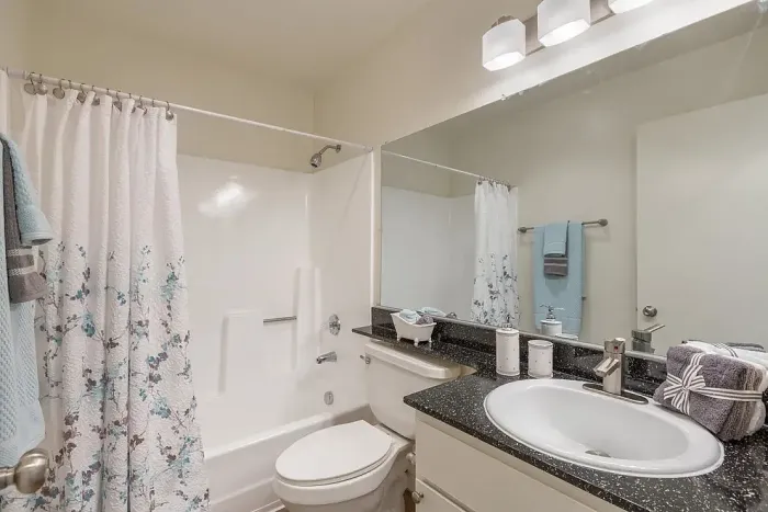 Modern bathroom featuring a large vanity mirror, dark countertop with an oval sink, and a shower-tub combination.