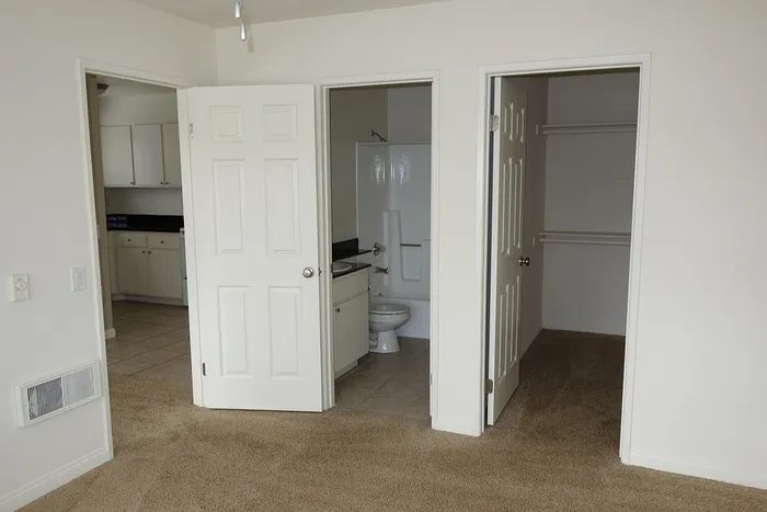 View from a carpeted bedroom showing an open doorway to the bathroom and a separate walk-in closet.