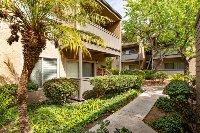 Exterior walkway at Elan Seacrest featuring tropical palm trees and well-maintained lush landscaping.