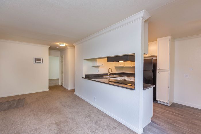 Open-concept living space highlighting the transition from wood-style flooring in the kitchen to carpeting in the living area.