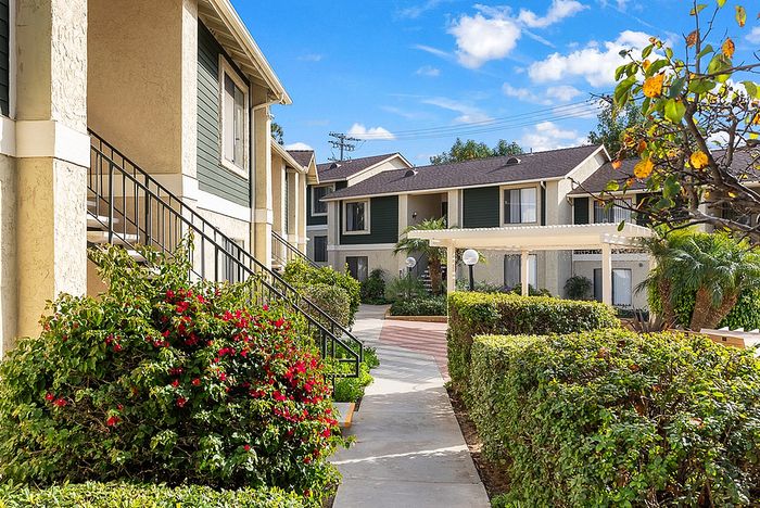 A ground-level view of a peaceful community walkway lined with manicured hedges and flowering bushes leading toward apartment entrances.