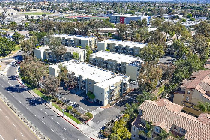 Drone aerial of Parkview Terrace Apartments showing closeby neighbohood