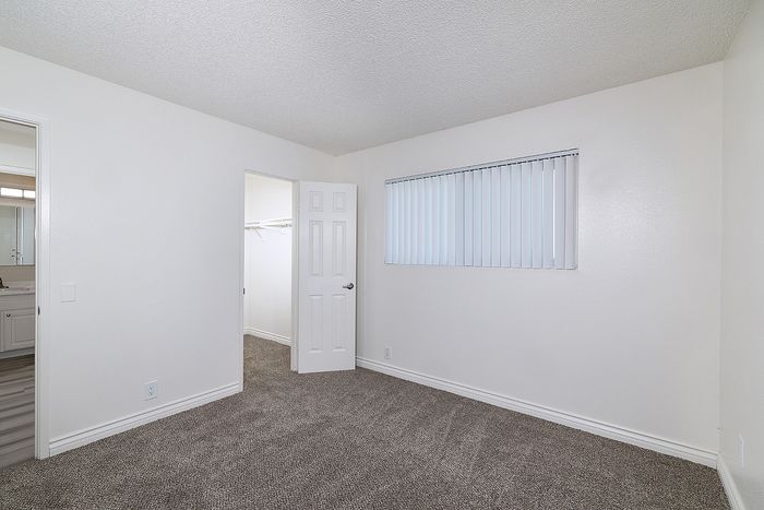 Bedroom 2 in the 2 bedroom floorplan at Pine Vista with carpet, and a window and a walk-in closet