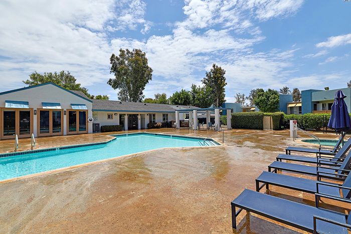 Swimming pool with lounge chairs, trees, and blue sky.