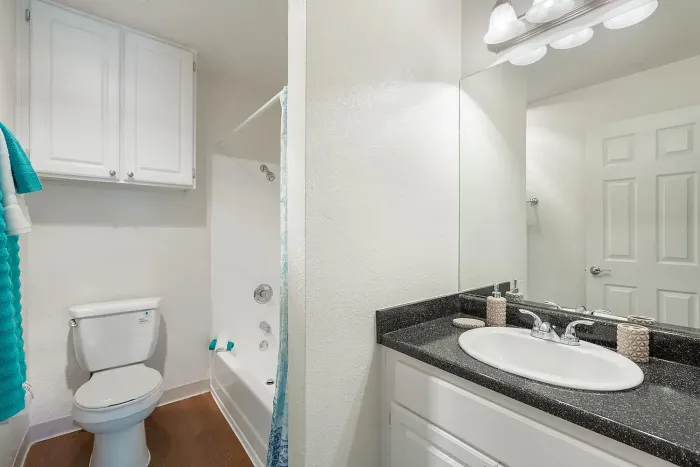Bathroom with a large vanity and tub-shower at Elan - Scripps Terrace.