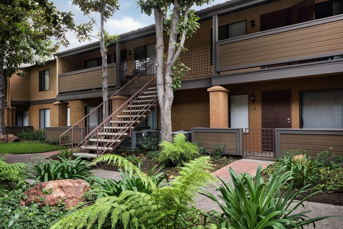 Lush greenery and pathways between buildings at Elan - Scripps Terrace.