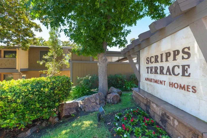 Monument sign at the property entrance of Elan - Scripps Terrace.