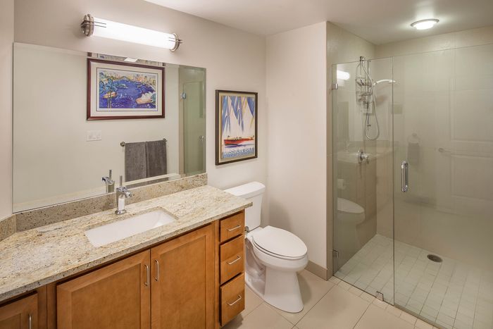 Bathroom with granite countertops and a walk-in shower at Elan - Luxo II.