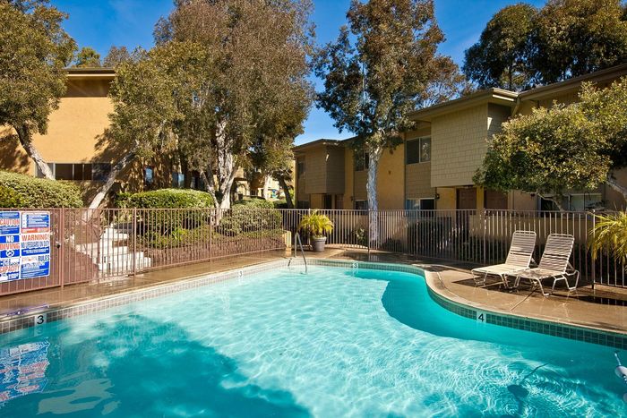 Refreshing pool area surrounded by lush green trees at Elan - Solana Pointe.