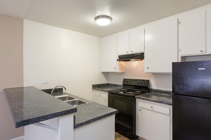 Modern kitchen with black appliances and white cabinetry at Elan - Sandrock Place