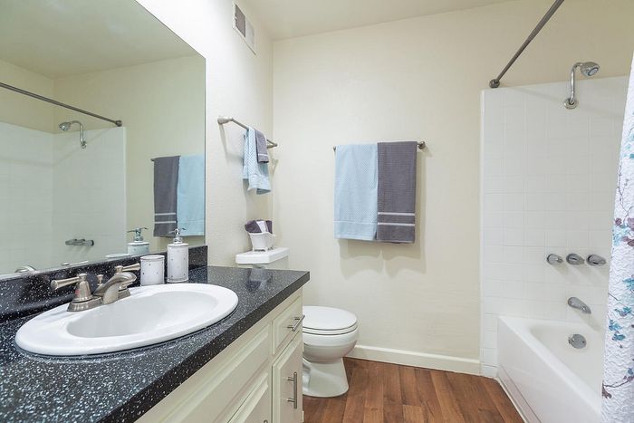 Modern bathroom with a dark vanity, large mirror, and tub-shower at Elan - pacific lofts