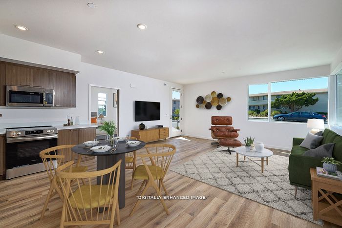 Virtually staged living room and kitchen