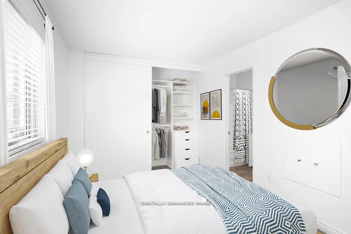Virtually staged bedroom with large closet and built-in storage