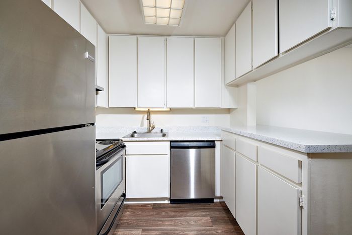 kitchen with stainless steel appliances and wood-like flooring at mellmanor