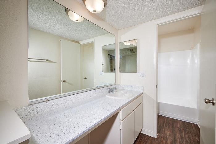 bathroom with large vanity and wood-like flooring at mellmanor