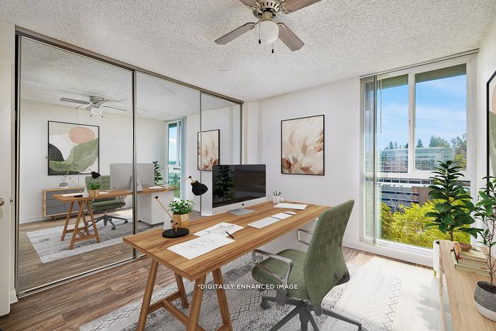 Virtually Staged Image - Bedroom with large windows and ceiling fan