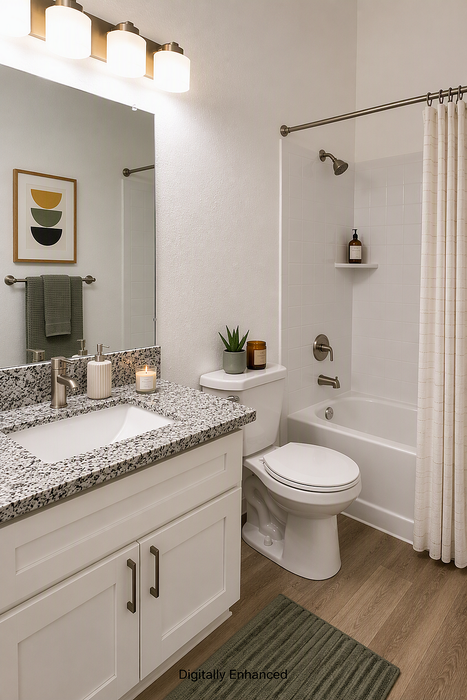 digitally enhanced staged bathroom image with toilet, bath, sink, and mirror