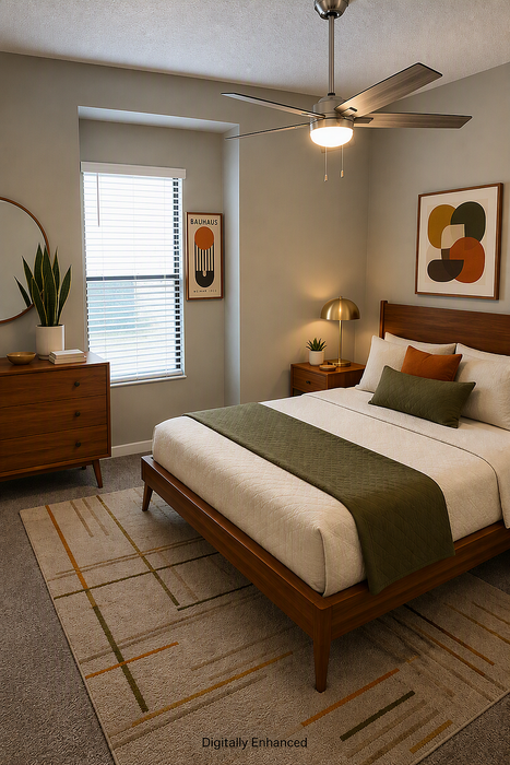Digitally enhanced staged bedroom image with bed, cabinet, and window