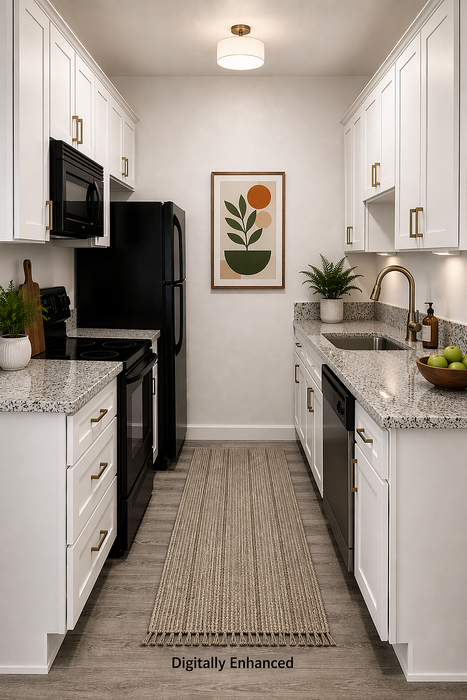 digitally enhanced staged kitchen image with fridge, microwave, dishwasher, and sink