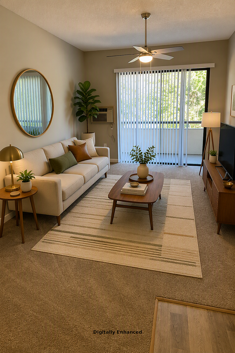 digitally enhanced staged image with sofa, tv, and patio