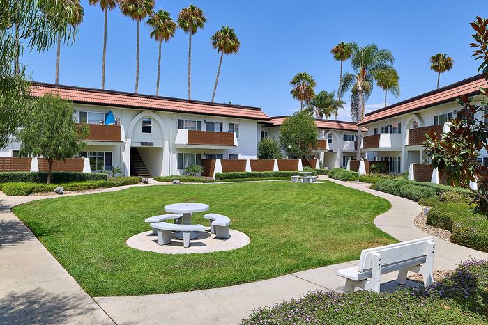 community courtyard area with lawn, palm trees and seating