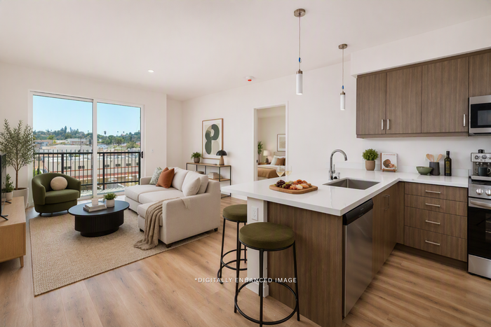 digitally enhanced image of living room and kitchen at textur apartments in la mesa san diego