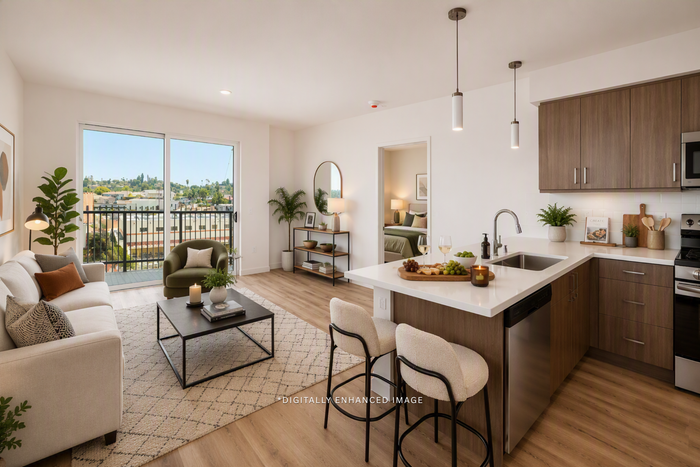 digitally enhanced image of living room and kitchen at textur apartments in la mesa san diego