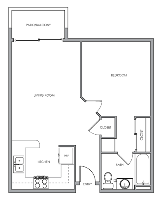 2D One-bedroom, one-bathroom floor plan