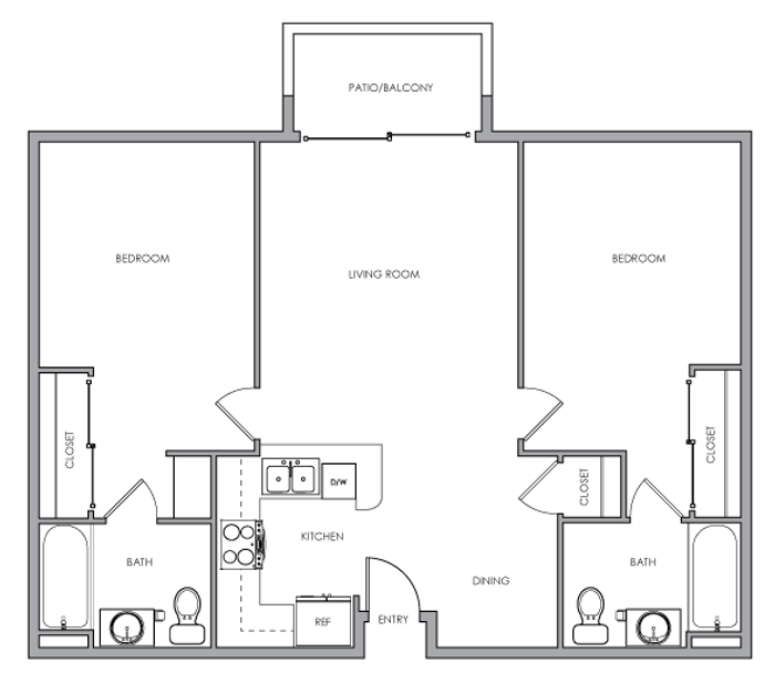 2D two-bedroom, two-bathroom floor plan