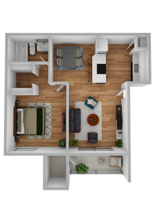 3D Furnished One-Bedroom, One-Bathroom Floor Plan