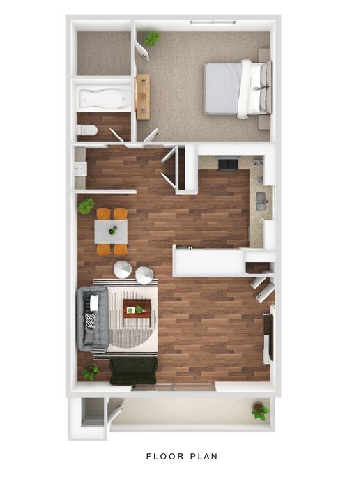 3D Furnished One-Bedroom, One-Bathroom Floor Plan Image