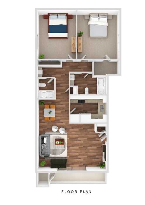 3D Furnished Two-Bedroom, Two-Bathroom Floor Plan Image