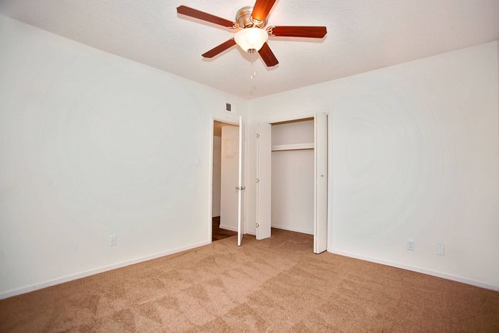 bedroom with brown carpet and ceiling fan and furnished and open closet at solaris on university