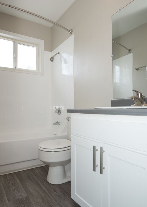 Bathroom with Grey Counters and Bathtub