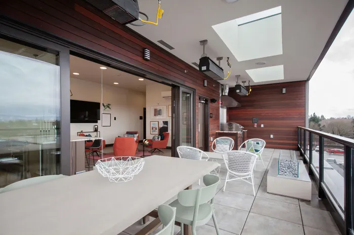 Rooftop deck with seating and fireplace