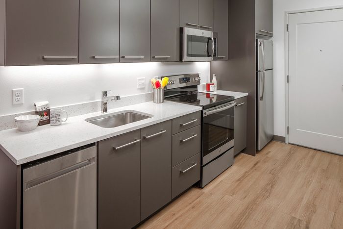 kitchen with stainless steel appliances and vinyl wood like flooring at aniva apartments