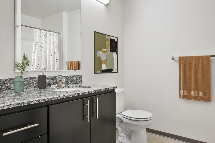 Virtually staged bathroom with espresso cabinets and granite countertops