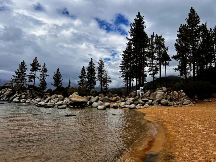 lake with trees and rocks in the background