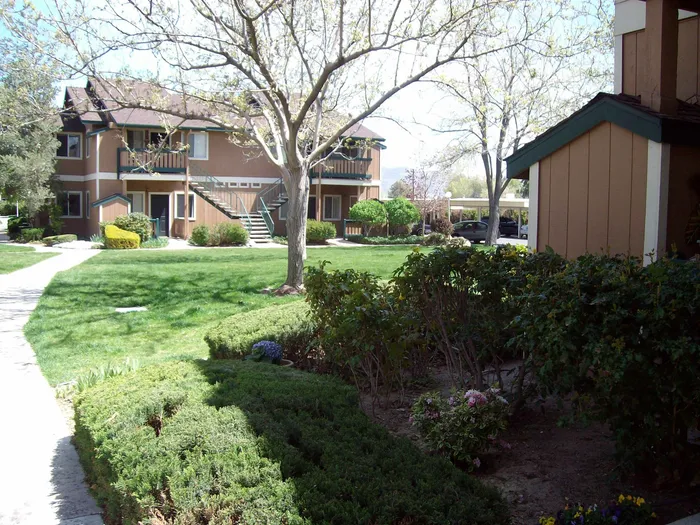 walkway in between grass with two story apartment building in the background at brooktree apartments
