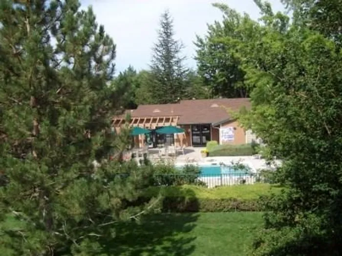 view of pool area from above at brooktree apartments