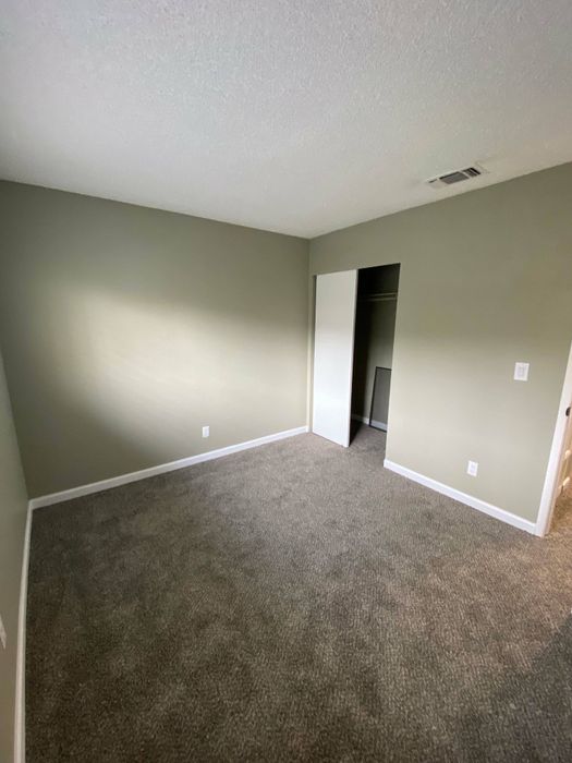 bedroom with brown carpet and green walls and closet with sliding doors at the creek at south carson