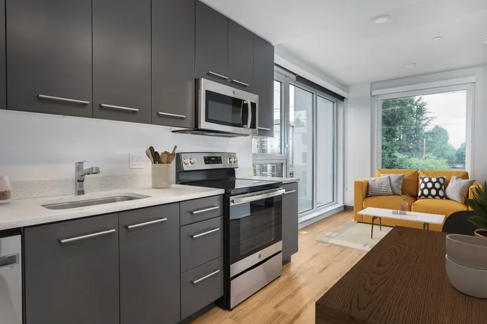 Virtually staged apartment with quartz countertops, stainless steel appliances, and lvp flooring