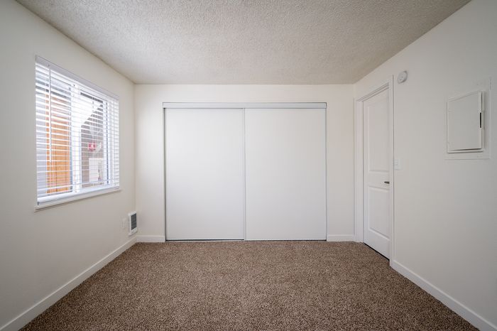 Bedroom with large windows and brown carpet and large closet with sliding doors