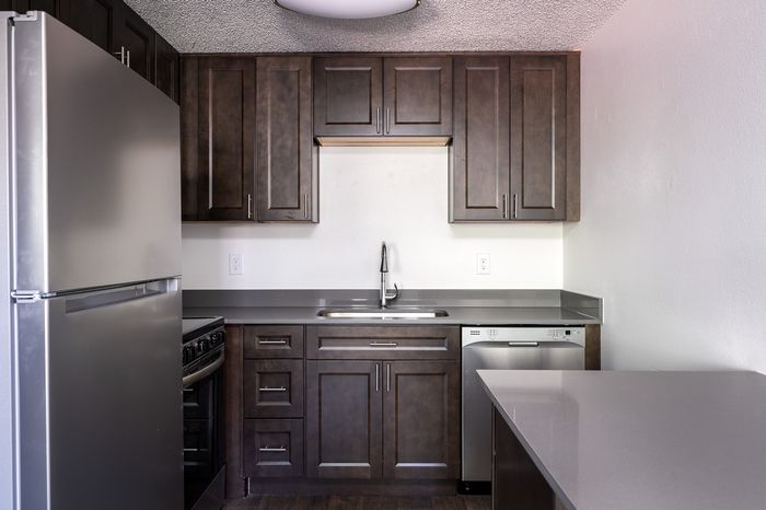 Kitchen with stainless steel appliances and Vinyl Wood Like Flooring
