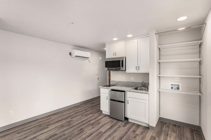 kitchen and living area with wood-style flooring, built-in shelving, and large windows