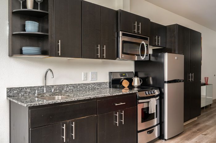 Milano studio kitchen with stainless steel appliances and dark cabinets with wood-style plank flooring