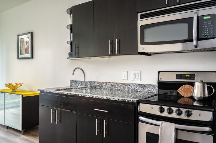 Milano studio kitchen with stainless steel appliances and dark cabinets with wood-style plank flooring