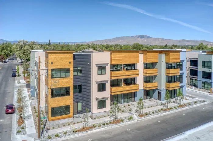 aerial of 3 story apartment building at oner midtown