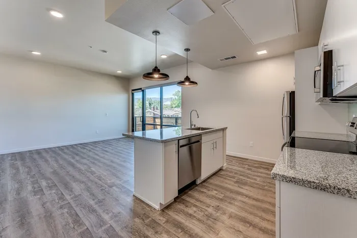 open kitchen with stainless steel appliances and floor to ceiling windows and patio door at oner midtown